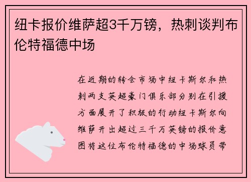 纽卡报价维萨超3千万镑，热刺谈判布伦特福德中场