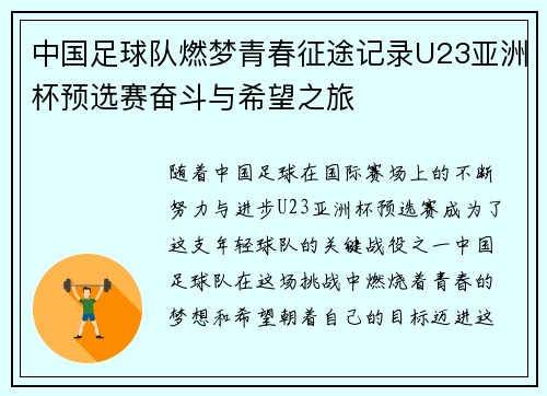 中国足球队燃梦青春征途记录U23亚洲杯预选赛奋斗与希望之旅